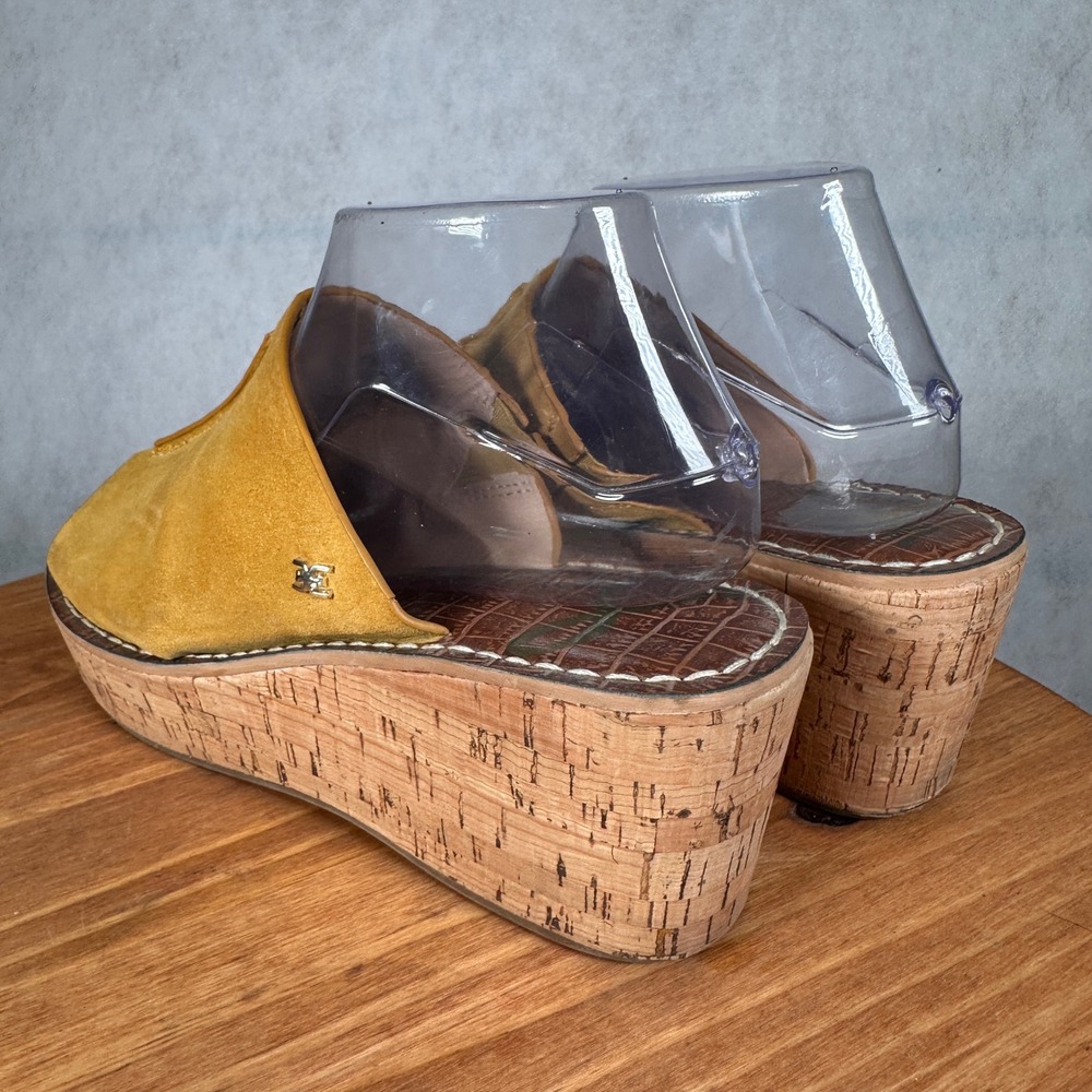 Sam Edelman Ranger Wedge Sandals Womens 9 Yellow Good Suede Cork Platform Mules - Picture 8 of 15